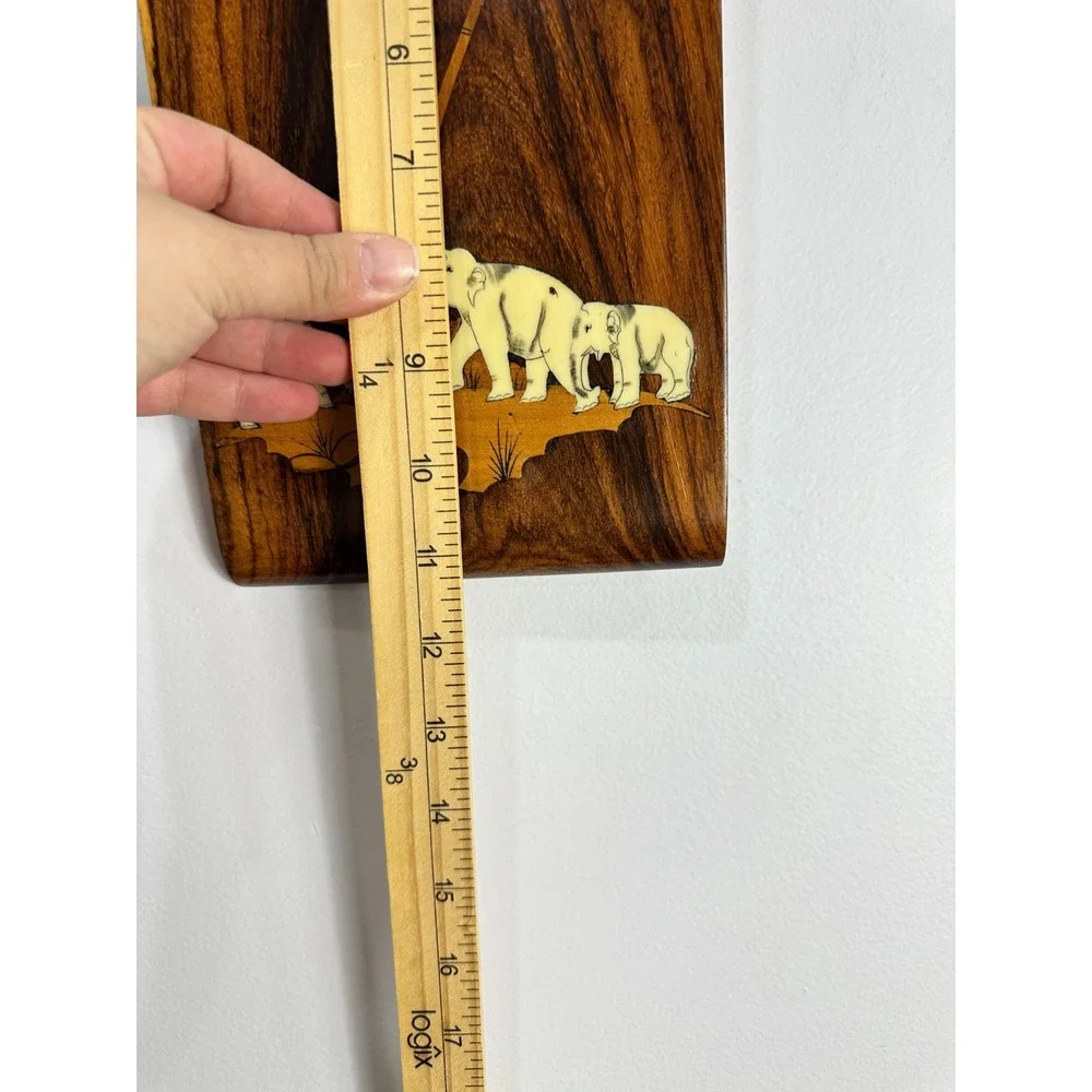 Vintage Wood Marquetry Wall Art Plaque‎ Elephant Palm Tree Inlay Brown Safari